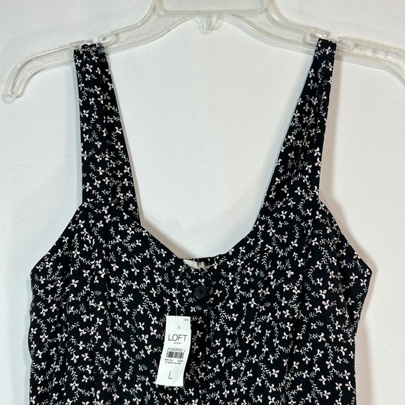 LOFT Black Floral Print Button Front Wide Leg Jumpsuit Size L‎ - Picture 2 of 12